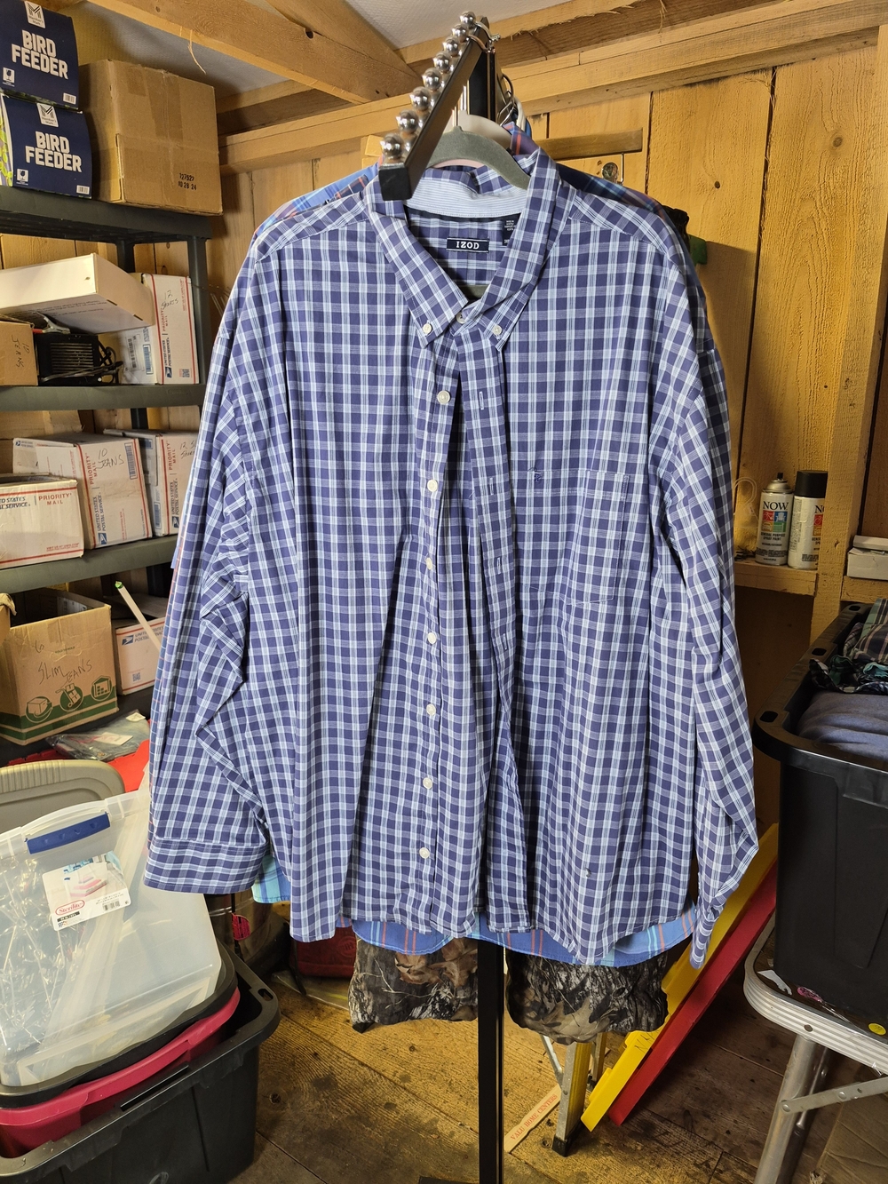 Izod Men's Navy and White Check Button-Down Shirt Bin 55